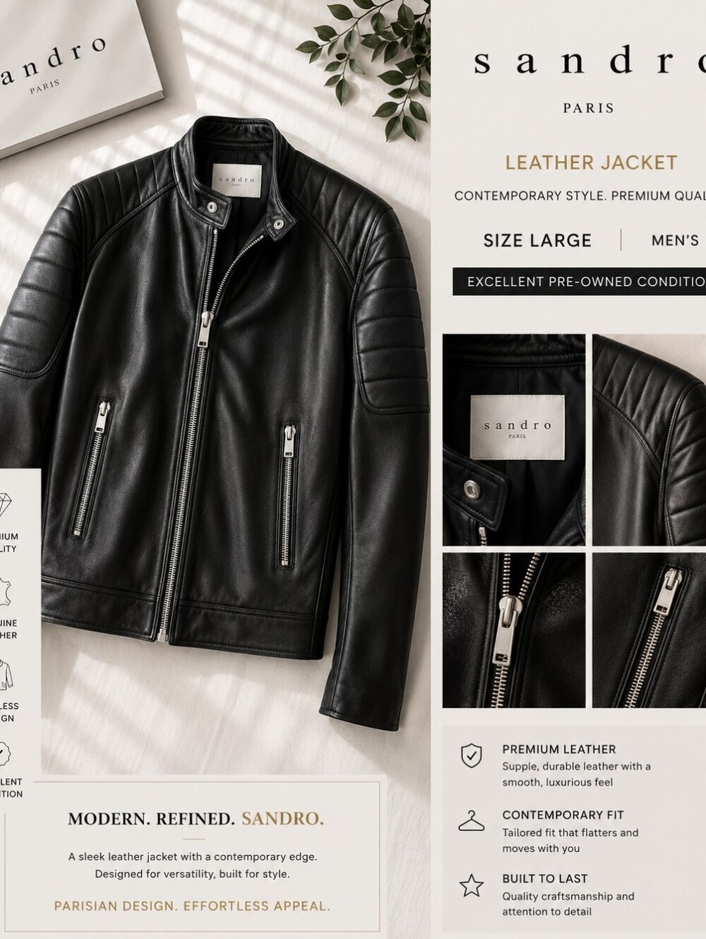 Sandro Black Leather Jacket with Quilted Shoulders